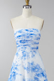White Blue Floral Strapless A Line Ruffled Maxi Dress