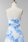 White Blue Floral Strapless A Line Ruffled Maxi Dress