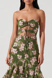 Dark Green Floral Strapless Cut Out Mermaid Ruffled Maxi Dress