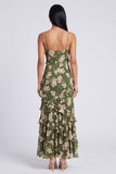 Dark Green Floral Spaghetti Straps Sheath Ruffled Maxi Dress