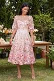 Pink A-Line Round Neck Embroidered Midi Floral Dress with Half Sleeves
