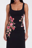 Black Square Neck Sheath Floral Long Formal Dress