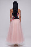 A-Line Black and Pink Strapless Tulle Long Floral Dress