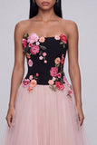 A-Line Black and Pink Strapless Tulle Long Floral Dress