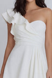 Ivory A-Line One Shoulder Ruched Mini Dress with Ruffles