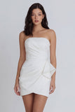 Satin Ivory Strapless Ruched Bodycon Mini Dress with Ruffles