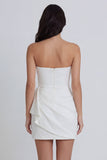 Satin Ivory Strapless Ruched Bodycon Mini Dress with Ruffles