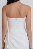 Satin Ivory Strapless Ruched Bodycon Mini Dress with Ruffles