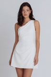 A-Line One Shoulder Ruched Little White Dress