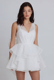 Ivory A-Line Tulle V-Neck Ruffled Mini Dress with Bow