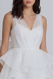Ivory A-Line Tulle V-Neck Ruffled Mini Dress with Bow
