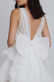 Ivory A-Line Tulle V-Neck Ruffled Mini Dress with Bow
