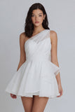 A-Line One Shoulder Tulle Ruched White Mini Dress with Ruffles