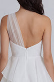 A-Line One Shoulder Tulle Ruched White Mini Dress with Ruffles