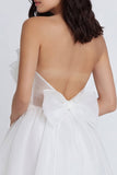 A-Line Tulle Strapless Ruched Pleated Little White Dress with Bow