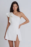 Ivory A-Line One Shoulder Ruffled Mini Dress with Slit