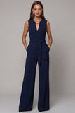 Navy V-Neck Sleeveless Formal Jumpsuit with Belt
