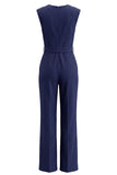 Navy V-Neck Sleeveless Formal Jumpsuit with Belt