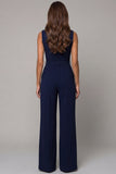 Navy V-Neck Sleeveless Formal Jumpsuit with Belt