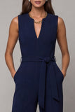 Navy V-Neck Sleeveless Formal Jumpsuit with Belt