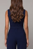 Navy V-Neck Sleeveless Formal Jumpsuit with Belt