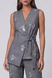 Dark Grey V-Neck Two-Piece Sequin Work Suits with Belt