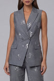 Dark Grey Double-Breasted Peaked Lapel Two-Piece Sequin Work Suits