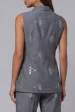 Dark Grey Double-Breasted Peaked Lapel Two-Piece Sequin Work Suits