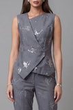 Dark Grey One-Button Sequin Sleeveless Two-Piece Work Suits