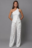 Ivory Lace Embroidered Two-Piece Work Suits with Neck Scarf
