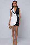Black and White Lapel Sleeveless Short Work Dress