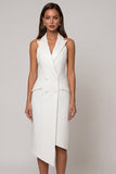 White Peaked Lapel Double-breasted Sheath Asymmetrical Work Dress