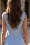 Sparkly Blue Peaked Lapel Double-breasted Sheath Short Work Dress