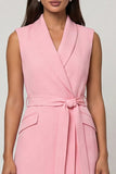 Pink Shawl Lapel Sheath Midi Work Dress with Belt
