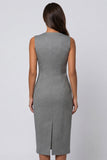 Grey V-Neck Double-breasted Sheath Polka Dot Midi Dress with Slit