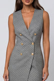 Grey V-Neck Double-breasted Sheath Polka Dot Midi Dress with Slit