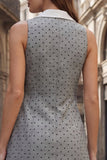 Grey Notched Lapel Sheath Short Polka Dot Work Dress