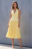 Halter Yellow Single-breasted Pleated A Line Midi Work Dress