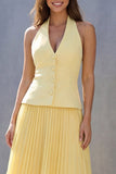 Halter Yellow Single-breasted Pleated A Line Midi Work Dress