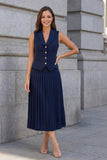 Halter Navy Single-breasted Pleated A Line 2-piece Work Dress