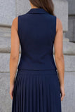 Halter Navy Single-breasted Pleated A Line 2-piece Work Dress