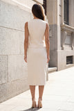Ivory V-Neck Single Breasted 2-piece Sheath Work Dress with Slit