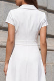 White Notched Lapel Double-breasted Short Sleeve A Line Work Dress