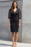 Black Lapel 3/4 Sleeve Sheath Midi Work Dress