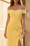 Yellow Off the Shoulder Ruched Midi Ruffled Work Dress with Slit