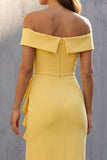 Yellow Off the Shoulder Ruched Midi Ruffled Work Dress with Slit