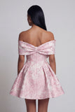 Pink Jacquard A-Line Off the Shoulder Mini Homecoming Dress With Bow