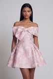 Pink Jacquard A-Line Off the Shoulder Mini Homecoming Dress With Bow