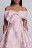 Pink Jacquard A-Line Off the Shoulder Mini Homecoming Dress With Bow
