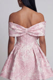 Pink Jacquard A-Line Off the Shoulder Mini Homecoming Dress With Bow